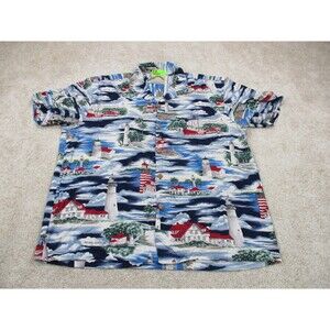 Paradise Found Shirt Mens Medium Blue Lighthouse Nantucket Ships Print Hawaiian